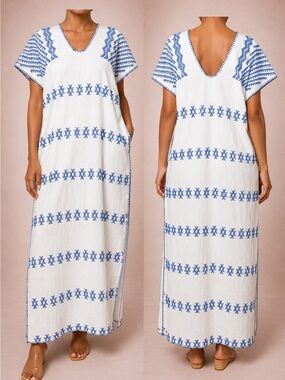 Pippa Holt Kaftan with Blue Geometric Embroidery